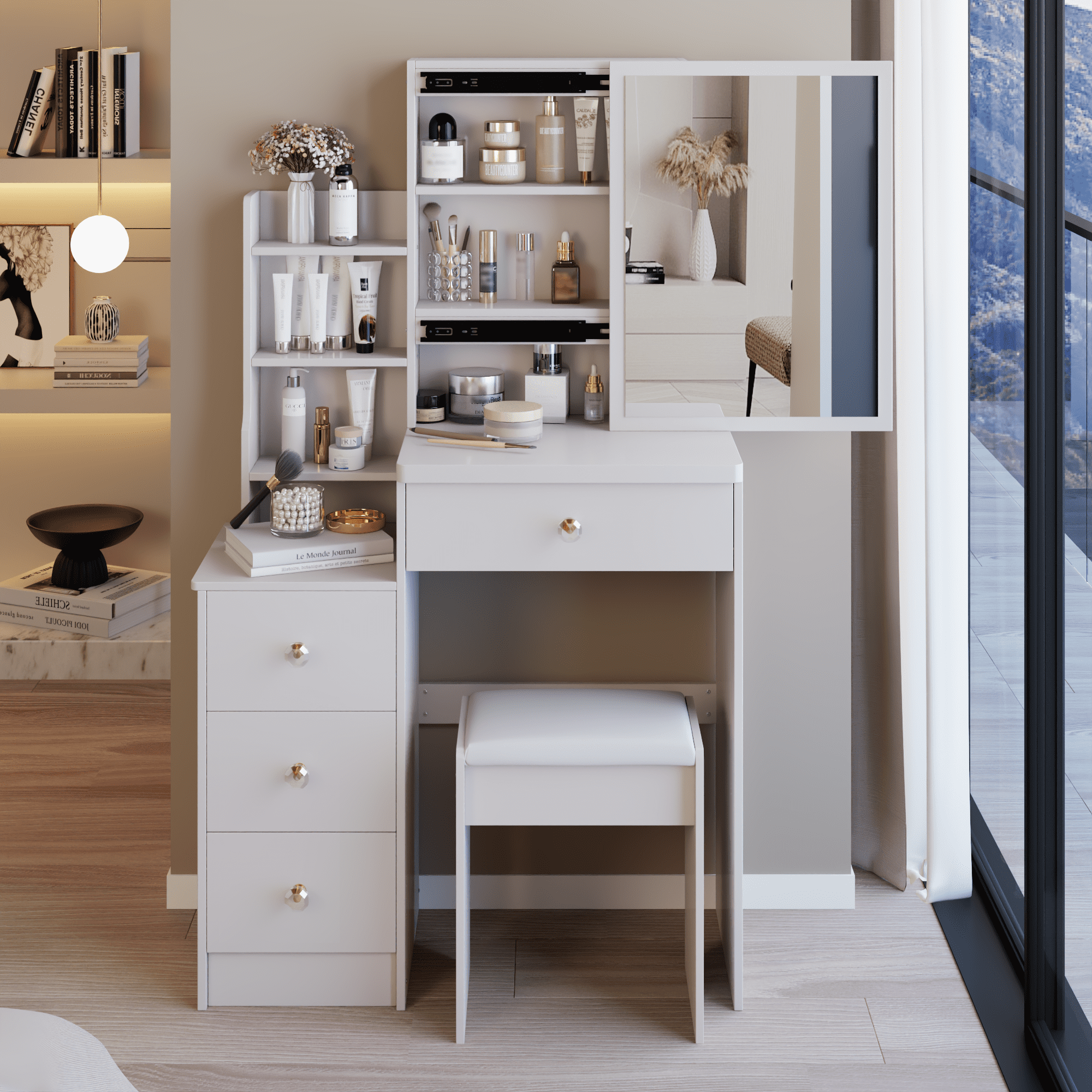 Kadyn 29.2" Bedroom Vanity Desk, Makeup Vanity Table with Cushioned Stoo, Modern Dressing Table with Extra Large Right Sliding Mirror, White