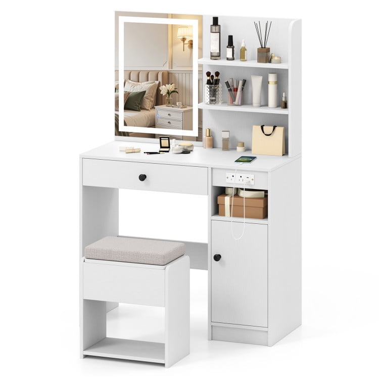 Kadyn Vanity Desk with Mirror and Lights, Makeup Table with Charging Station, Dressing Table Makeup Desk for Bedroom, Small Space, White