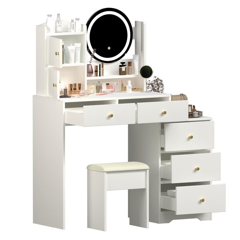Kadyn Vanity Desk with with Mirror and Lights, Makeup Table with 5 Drawers and 2 Door, Dressing Table Makeup Desk, White