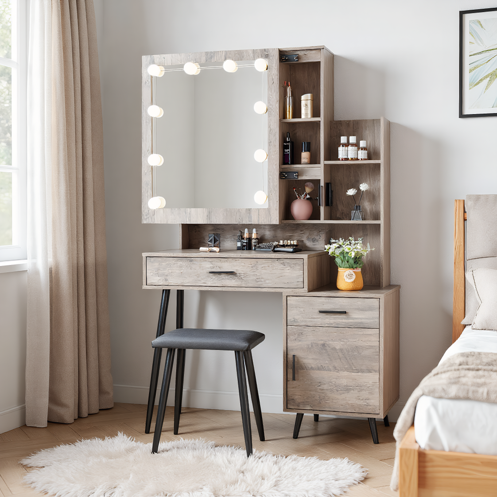 Kadyn Vanity Desk with Lighted Mirror, Makeup Table with 2 Drawers and Door, Dressing Table Makeup Desk, Gray