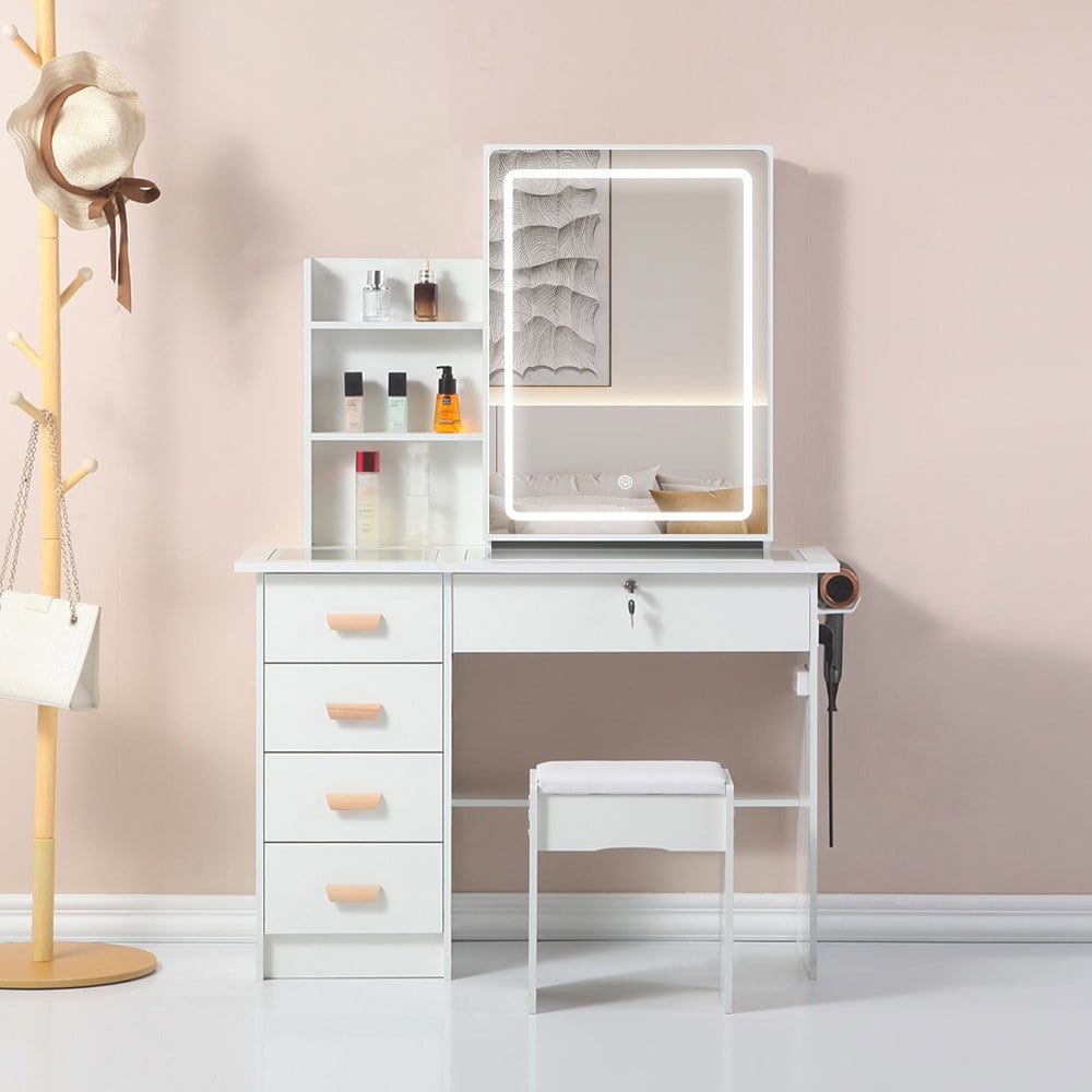Kadyn Vanity Desk with Lighted Mirror, Makeup Table with 4 Drawers and Dressing Pad for Bedroom, Dressing Room, White Dressing Table Makeup Desk Kadyn Vanity Desk with Lighted Mirror, Makeup Table with 4 Drawers and Dressing Pad for Bedroom, Dressing Room, White Dressing Table Makeup Desk