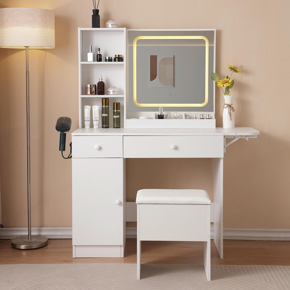 Kadyn Vanity Desk with Lighted Mirror & Power Outlet, Makeup Vanity Desk with Drawer for Bedroom, Storage Stool, White