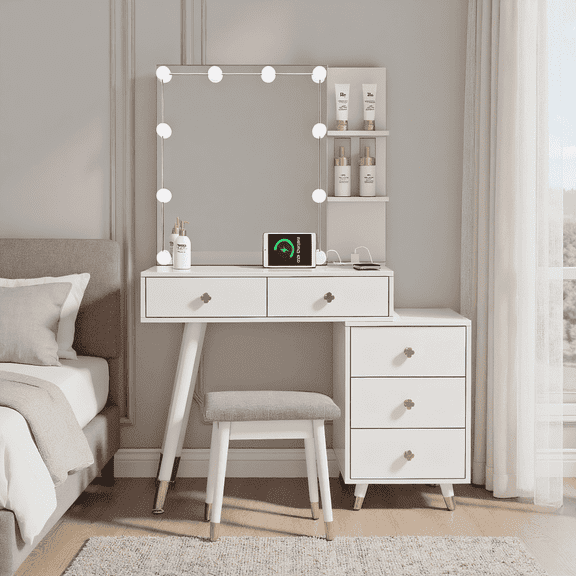 Kadyn Vanity Desk with Lighted Mirror, Vanity Table and Chair Set with 5 Drawers, Dressing Table Makeup Desk with Charging Station, White