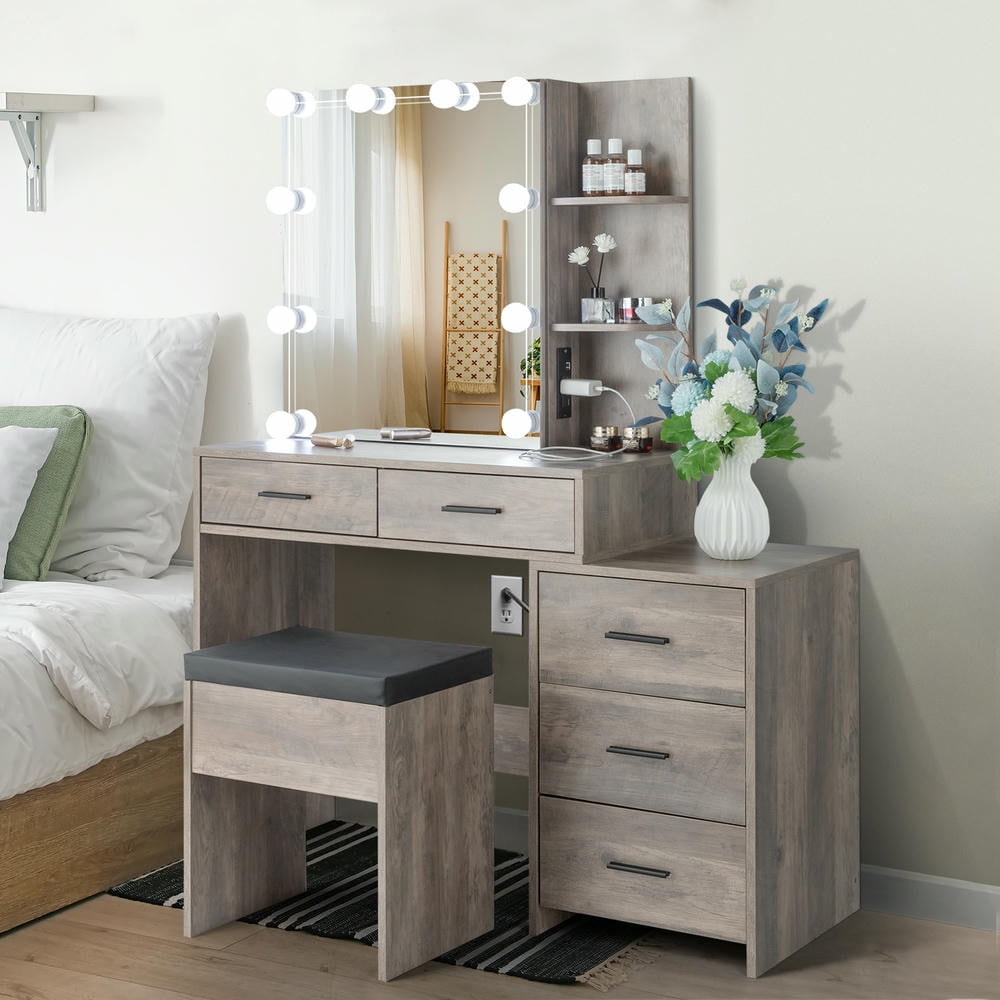 Kadyn Vanity Desk with Lighted Mirror, Vanity Table and Chair Set with 5 Drawers and 2 Shelves, 2 USB Ports,Gray