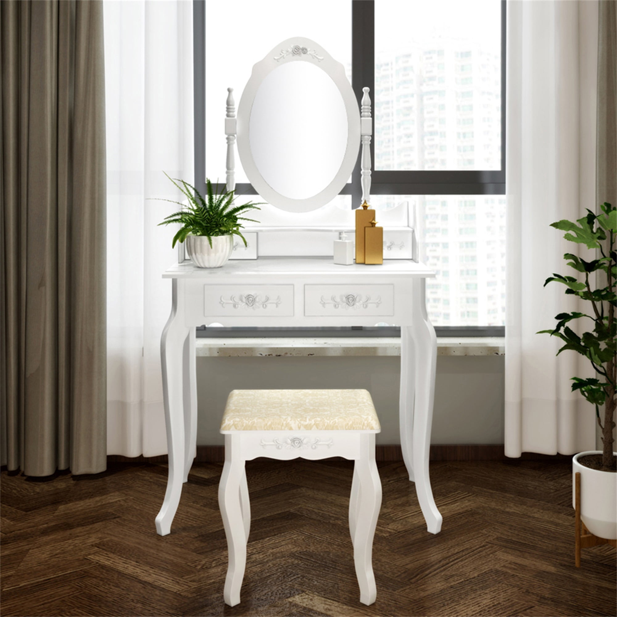 Kadyn Vanity Desk with Lighted Mirror, Vanity Table and Chair Set with 4 Drawer, White