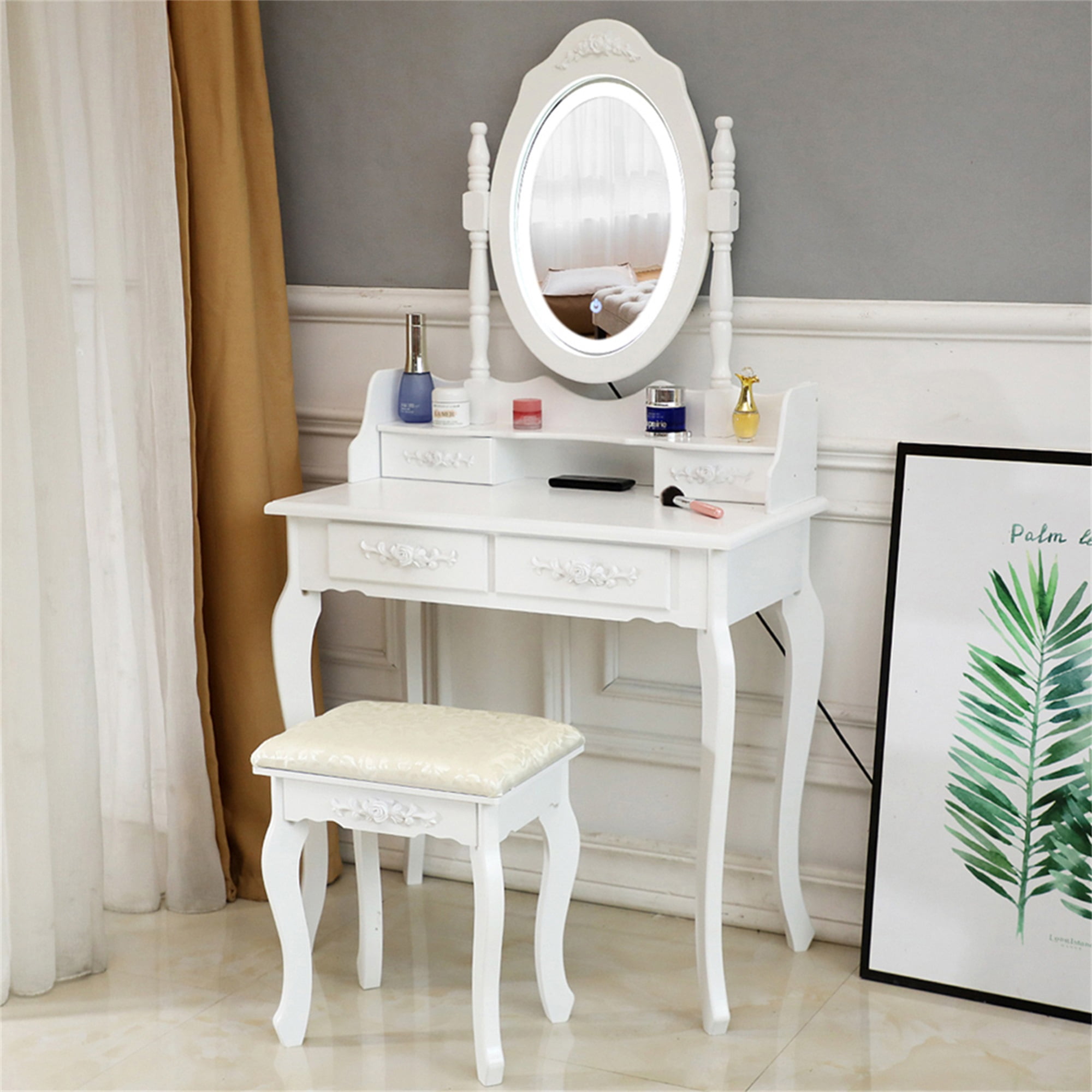 Kadyn Vanity Desk with Lighted Mirror, Vanity Table and Chair Set with 4 Drawer, White