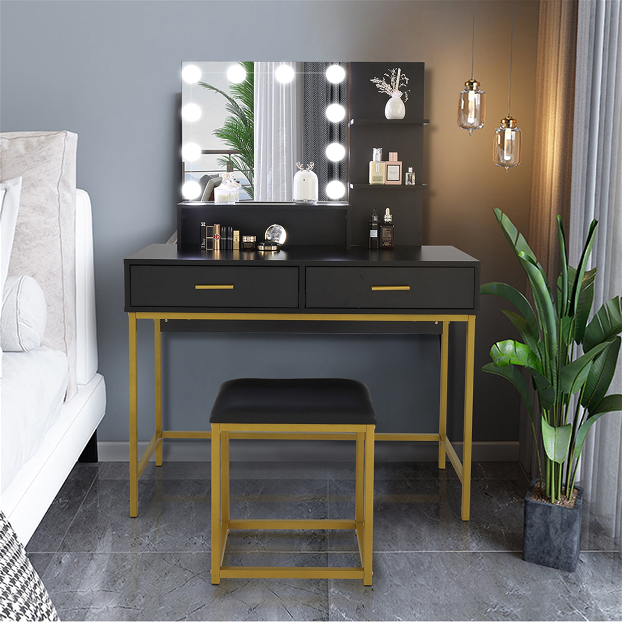 Kadyn Vanity Set with 10 LED Bulbs, Makeup Table with Cushioned Stool, 3 Storage Shelves 2 Drawers, Dressing Table Dresser Desk for Women, Girls, Bedroom, Black