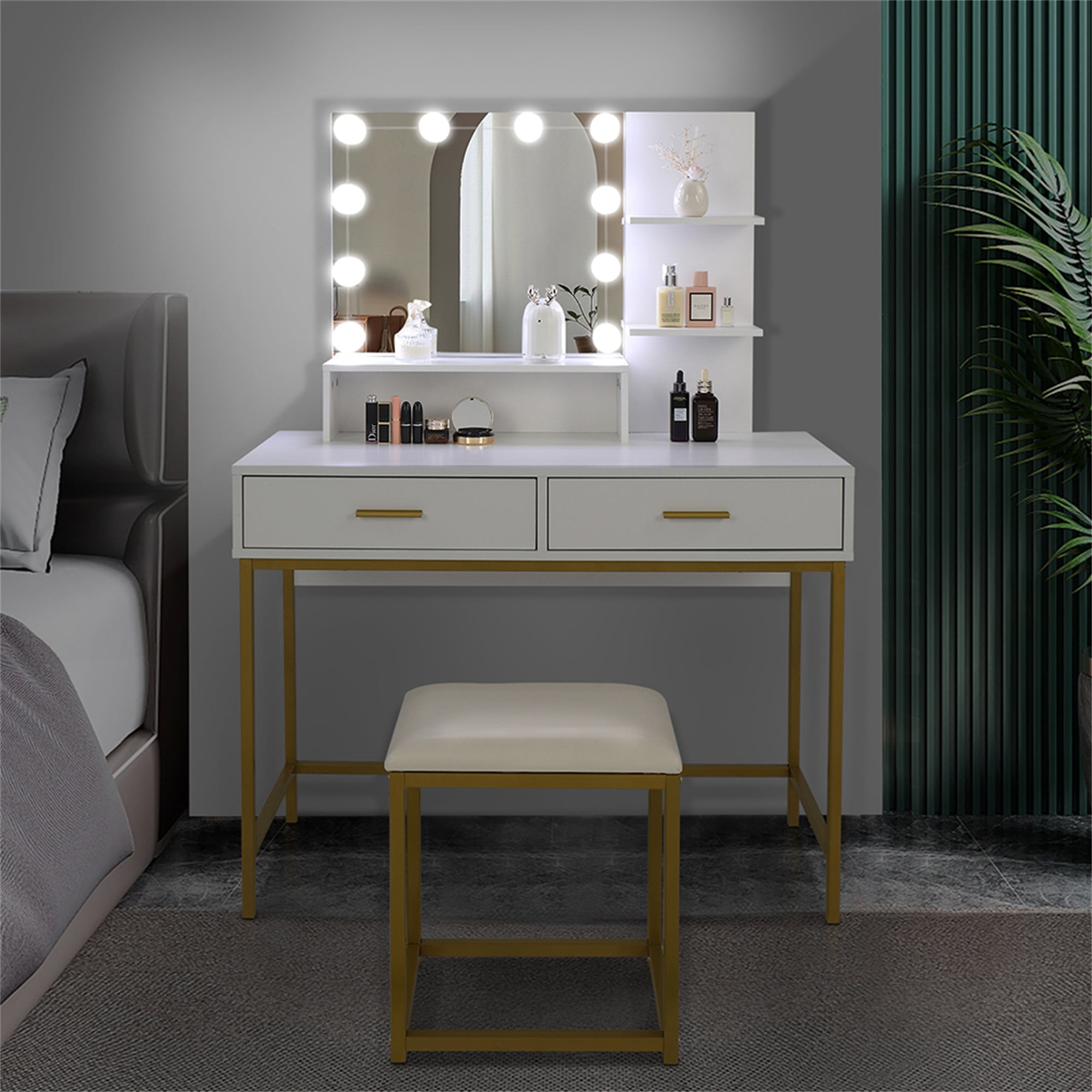 Kadyn Vanity Set with 10 LED Bulbs, Makeup Table with Cushioned Stool, 3 Storage Shelves 2 Drawers, Dressing Table Dresser Desk for Women, Girls, Bedroom, White