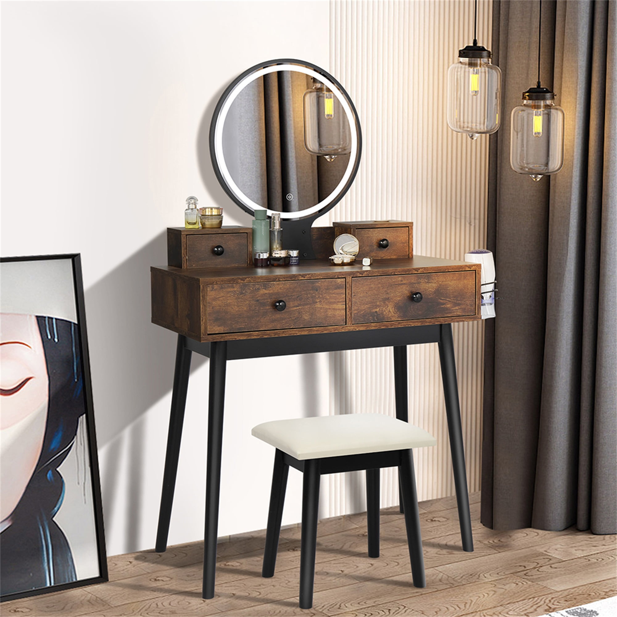 Kadyn Vanity Set with Touch Screen Lighted Mirror, Makeup Table with Cushioned Stool, 4 Drawers, Rustic Brown and Black