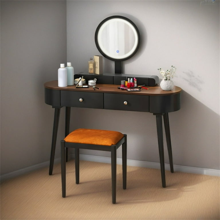 Kadyn Vanity Table Set, Makeup Dressing Table Modern Vanity Set, Makeup  Vanity Table Set with LED Mirror and 3 Spacious Drawers-Black-Brown