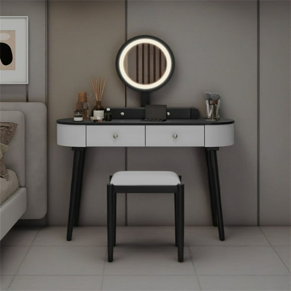 Kadyn Vanity Table Set, Makeup Dressing Table Modern Vanity Set, Makeup Vanity Table Set with LED Mirror and 3 Spacious Drawers-White-Dark Wood