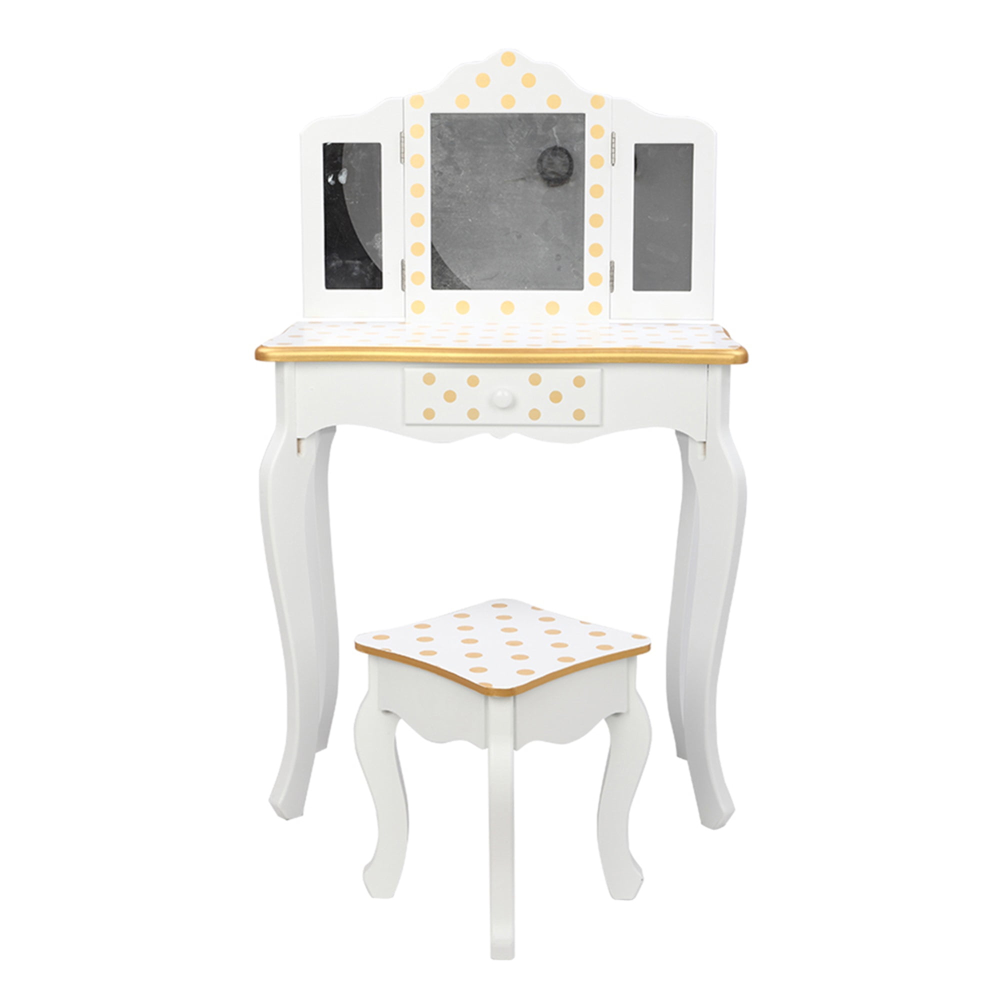 Kadyn Vanity Table and Chair Set, Make Up Vanity Desk Three Fold Mirror, White
