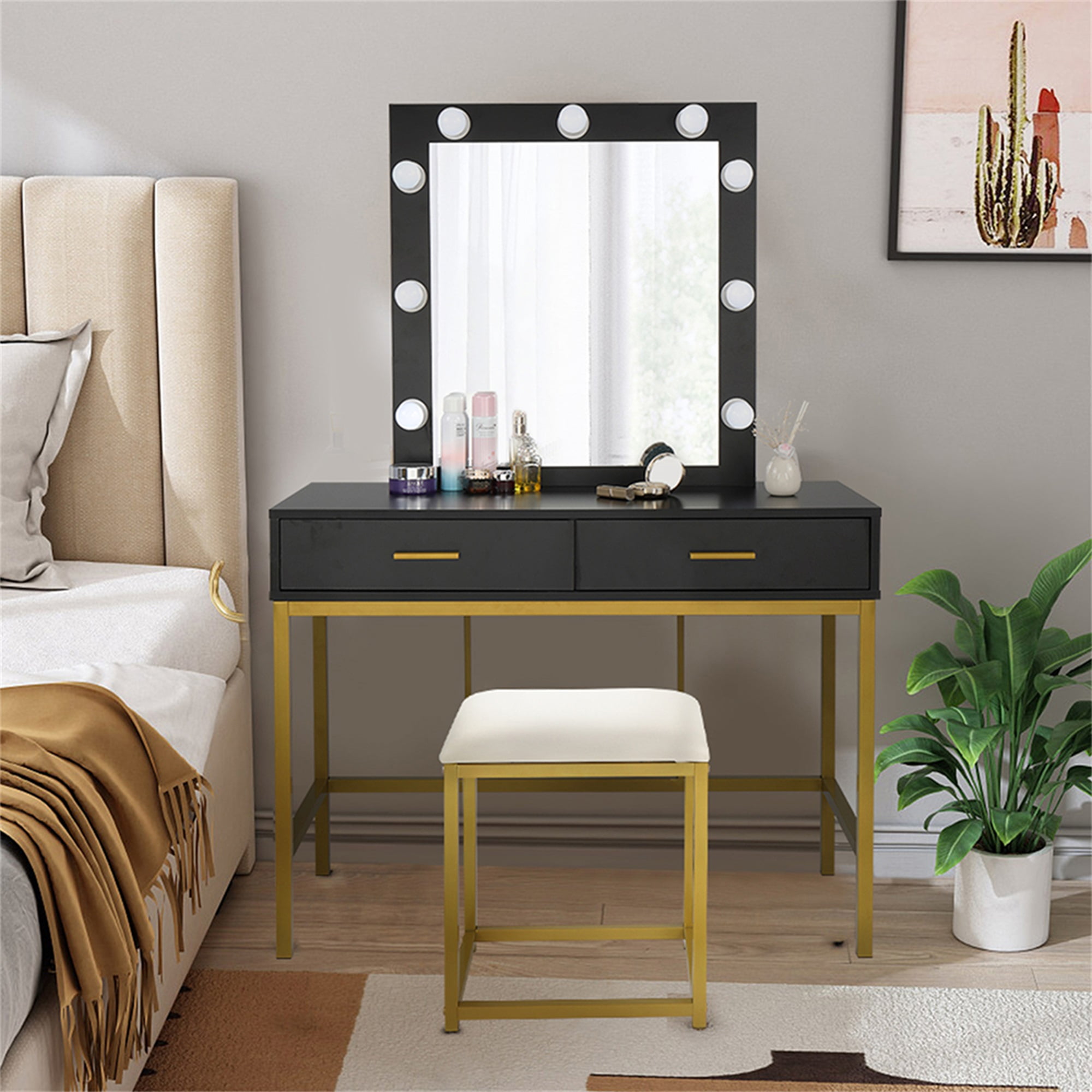 Kadyn Vanity Table and Chair Set, Make Up Vanity Desk with 2 Drawers, Makeup Vanity Table, Black