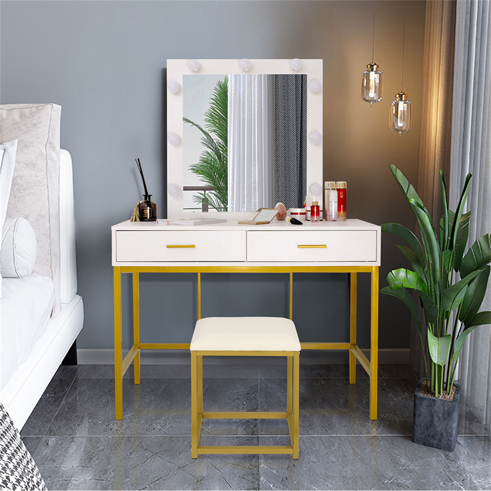 Kadyn Vanity Table and Chair Set, Make Up Vanity Desk with 2 Drawers, Makeup Vanity Table, White