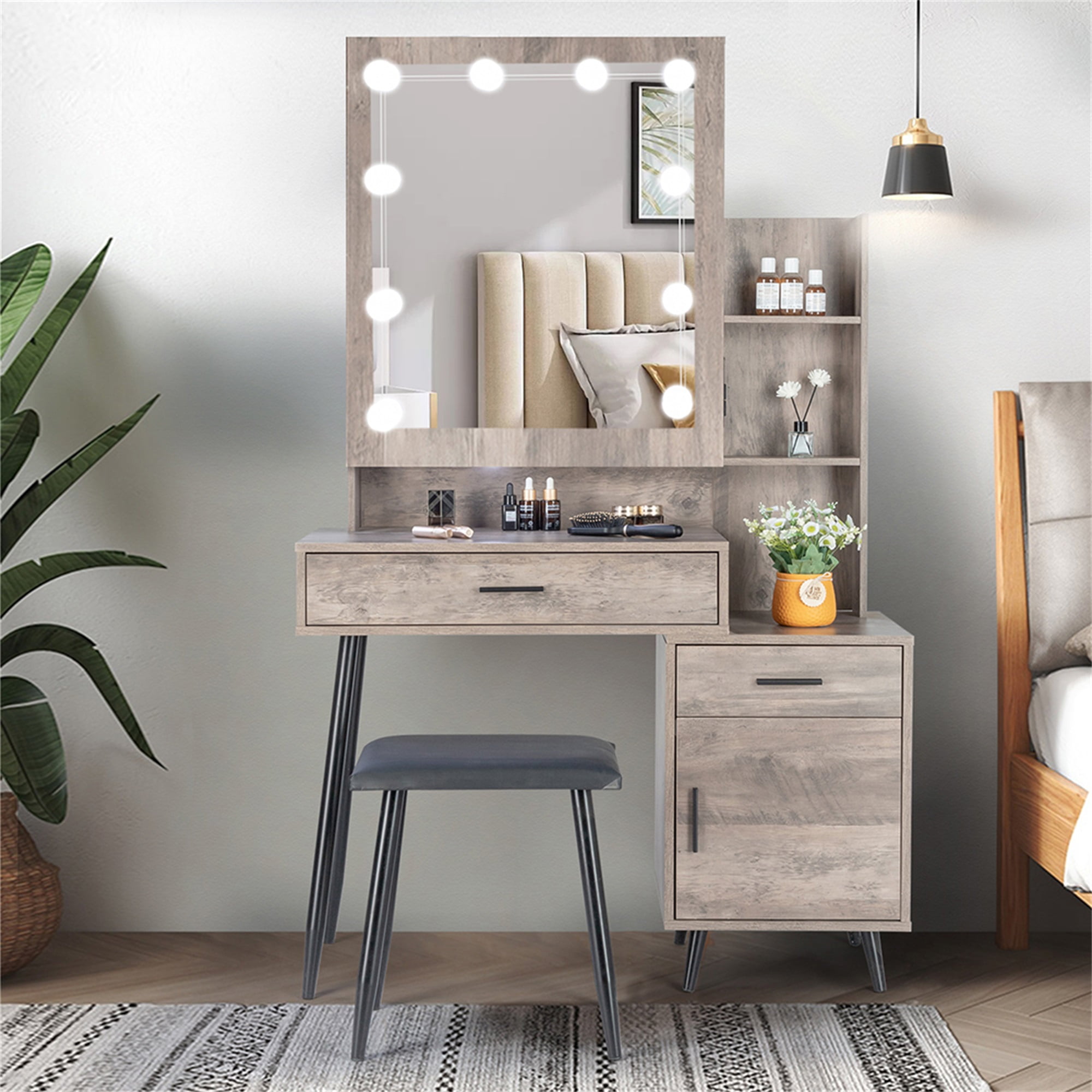 Kadyn Vanity Table and Chair Set, Make Up Vanity Desk with 2 Pumps 2 Shelves, Dressing Table Set, Brown