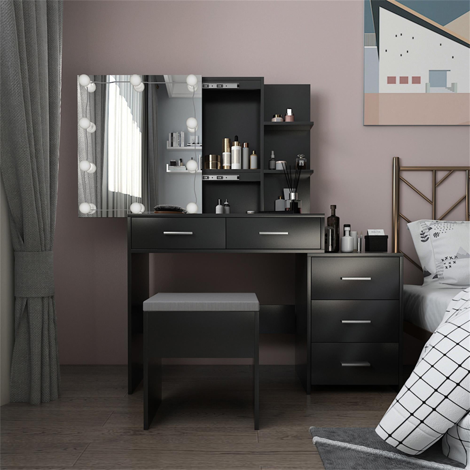 Kadyn Vanity Table and Chair Set, Make Up Vanity Desk with 5 Pumps 2 Shelves, Dressing Table Set, Black Kadyn Vanity Table and Chair Set, Make Up Vanity Desk with 5 Pumps 2 Shelves, Dressing Table Set, Black