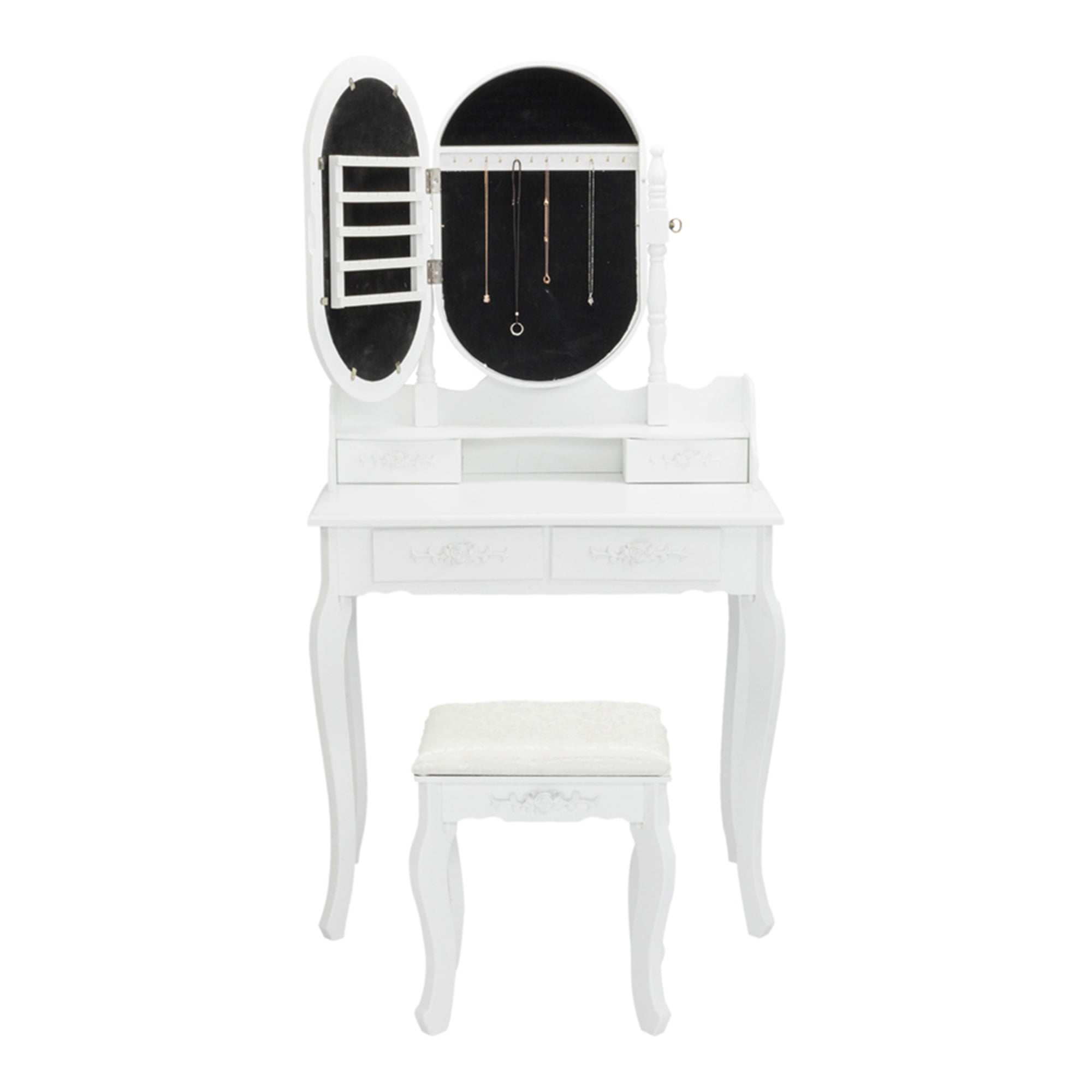 Kadyn Vanity Table and Chair Set, Makeup Dressing Table with 4 Drawe, Jewelry Cabinet Dresser, White