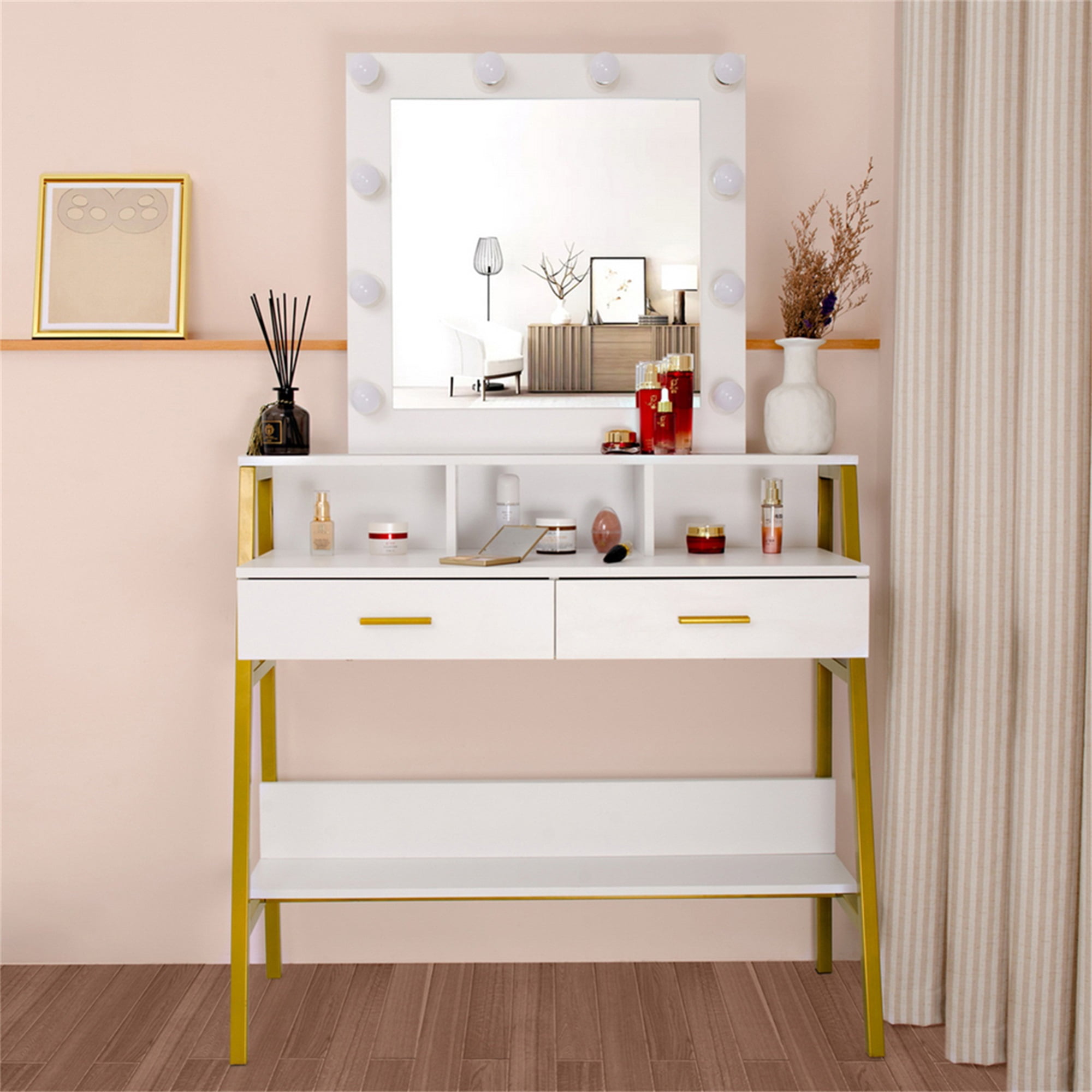 Kadyn Vanity Table and Chair Set with 2 Drawers, Make Up Vanity Desk with Shelf, Steel Frame Dressing Table, White