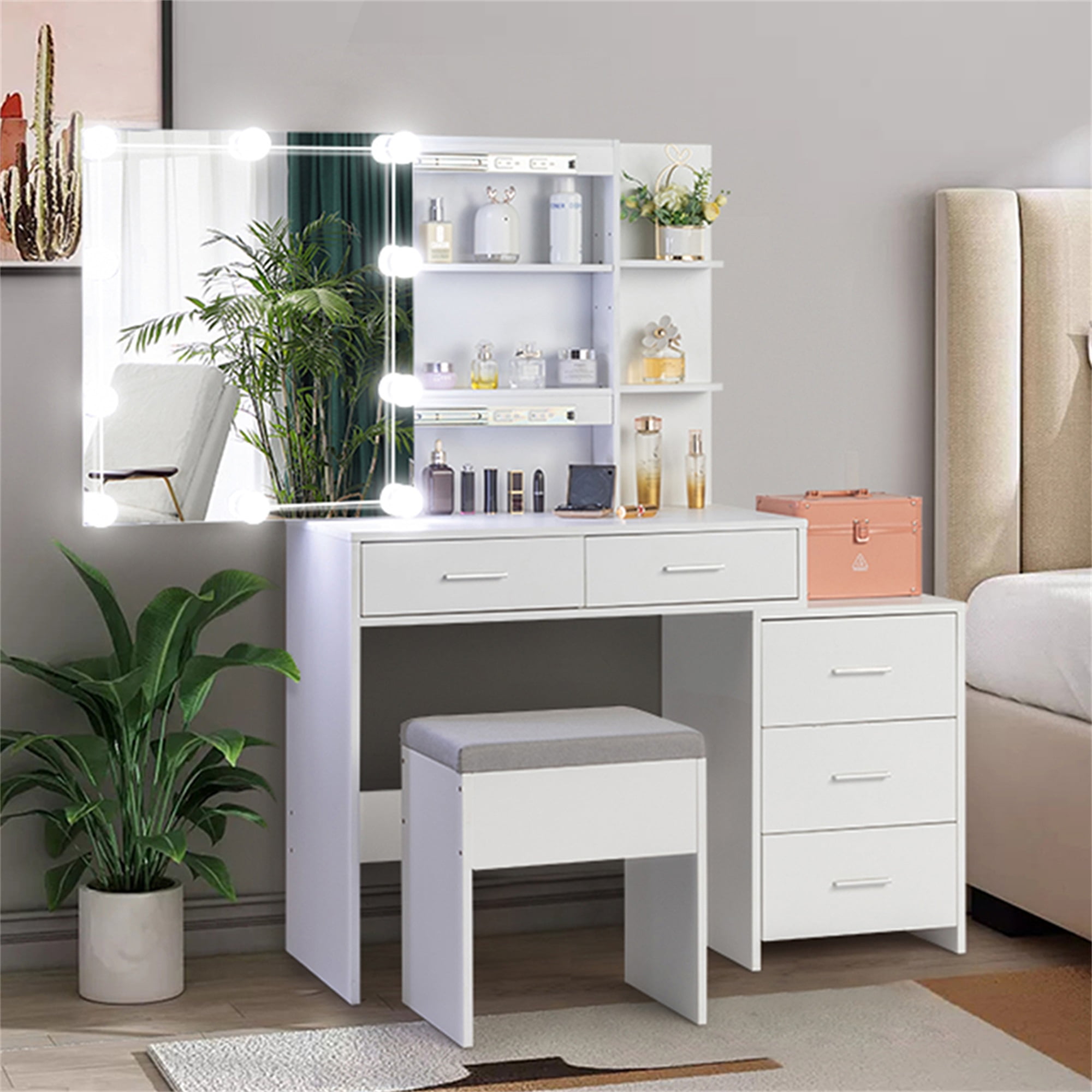 Kadyn Vanity Table and Chair Set with 5 Pumps 2 Shelves Mirror Cabinet Three Dimming Light Bulb Dressing Table Set, White
