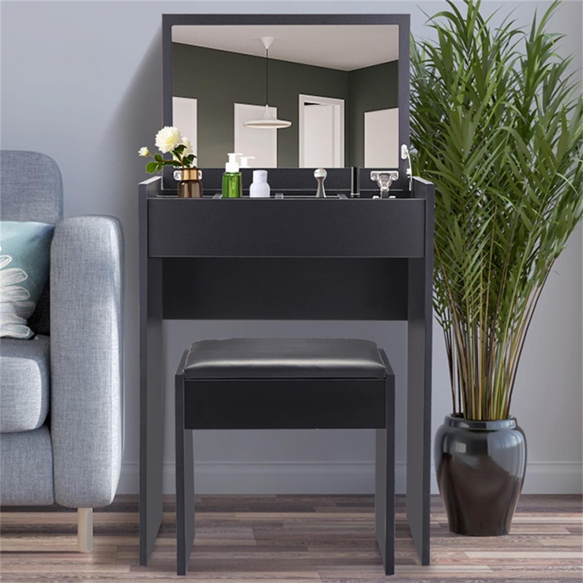 Kadyn Vanity Table and Stool Set, Dressing Table Writing Desk with Flip Top Mirror Makeup and Cushioned Stool, Black Kadyn Vanity Table and Stool Set, Dressing Table Writing Desk with Flip Top Mirror Makeup and Cushioned Stool, Black