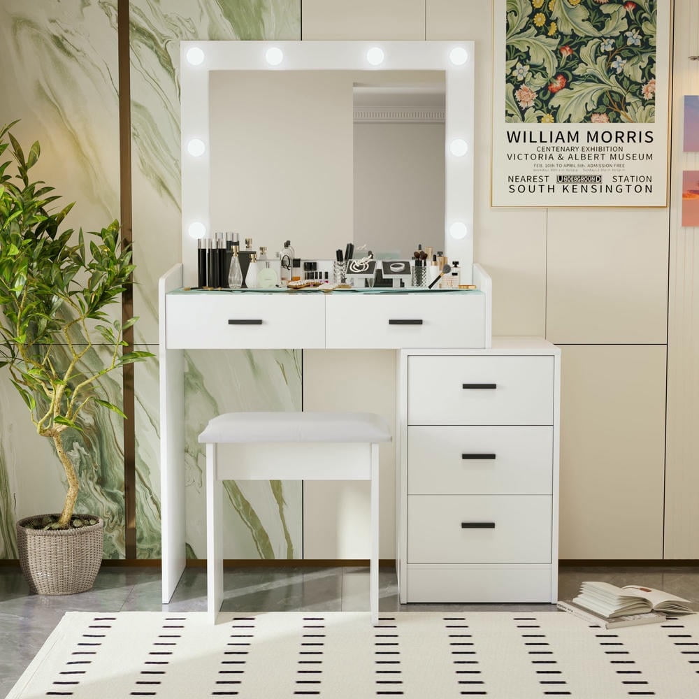 Kadyn Vanity Desk with Mirror and Lights, Makeup Vanity Table with with 5 Drawers, White