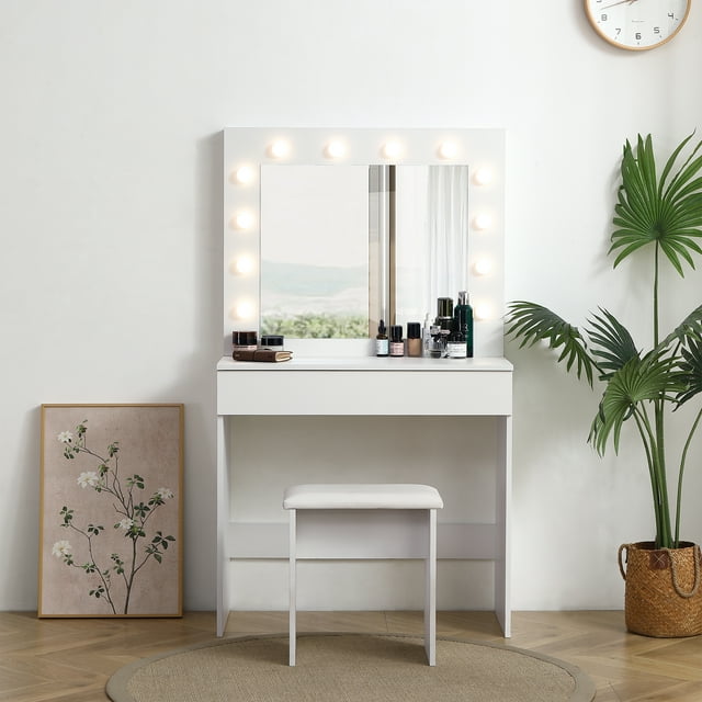 Kadyn Vanity Table with Large Lighted Mirror, Makeup Vanity Dressing Table with Drawer, White Kadyn Vanity Table with Large Lighted Mirror, Makeup Vanity Dressing Table with Drawer, White