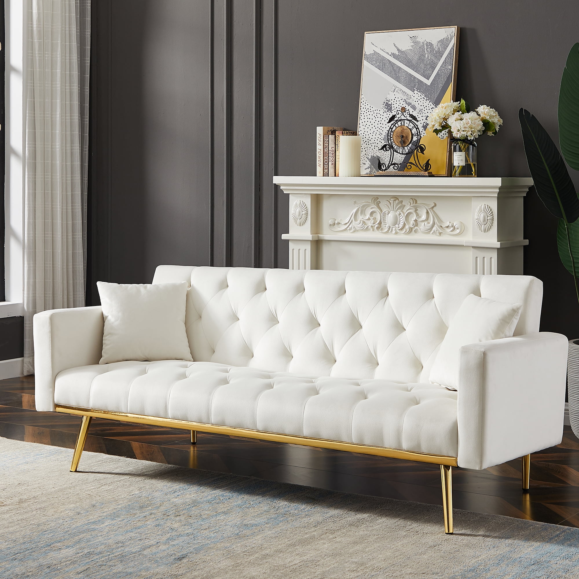 Kadyn Velvet Upholstered Sofa, Modern Convertible Folding Futon Sofa Bed for Apartment, Living Room Sofa with 2 Throw Pillows, White Kadyn Velvet Upholstered Sofa, Modern Convertible Folding Futon Sofa Bed for Apartment, Living Room Sofa with 2 Throw Pillows, White