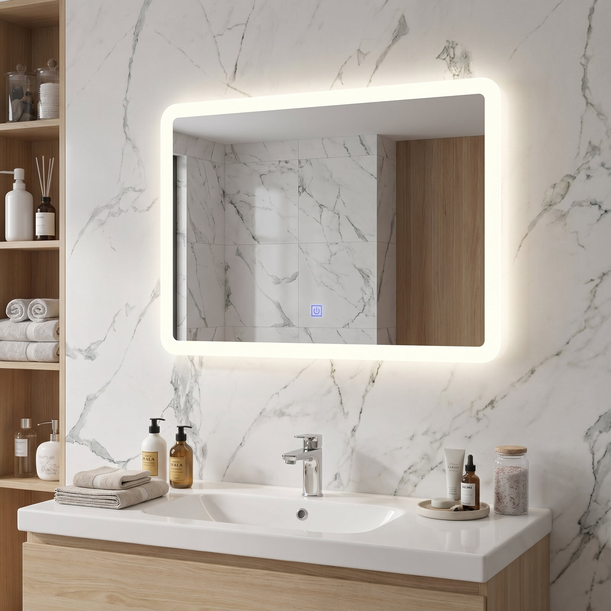 Kadyn Wall Mirrors, Vanity Mirror, Wall Mounted Vanity Mirrors,LED Wall-mounted Bathroom Rounded Arc Corner Mirror with Touch