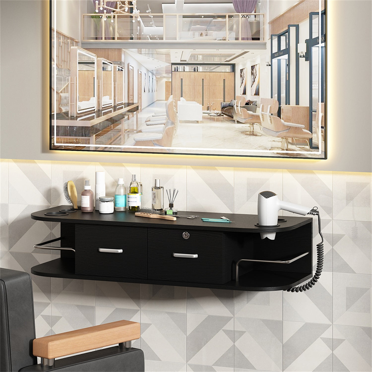 Kadyn Wall Mounted Beauty Salon, Barber Styling Station, Salon Equipment with Locking 2 Drawers, Black