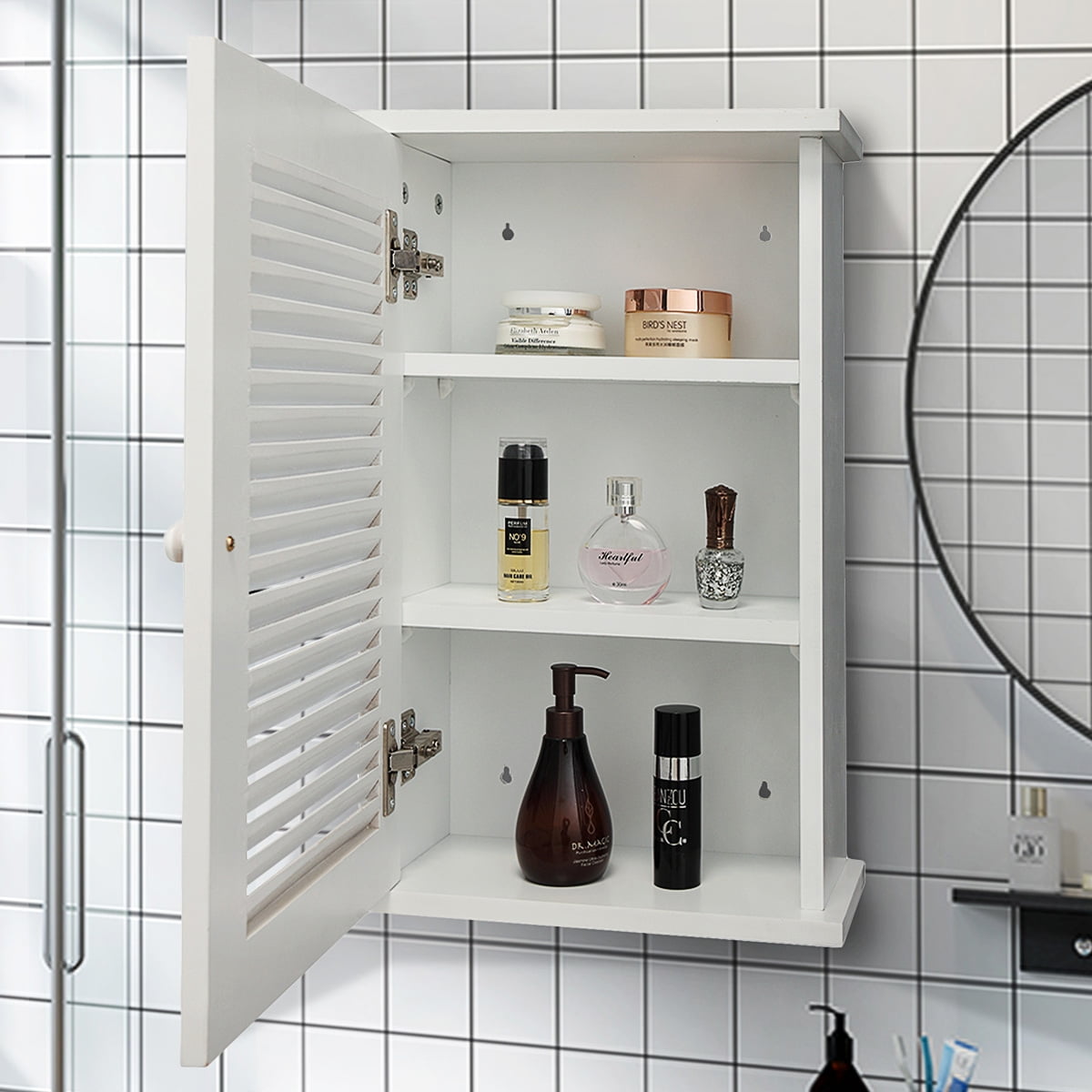 Kadyn Wall Mounted Cabinet, Hanging Medicine Cabinet with 3 Tiers, Single Louvered Door, Floating Cupboard for Home Bathroom Bedroom, White