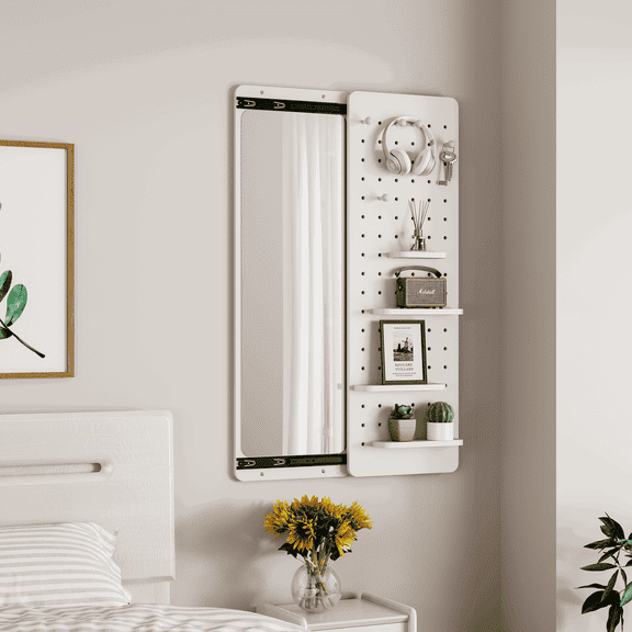 Kadyn Wall Mounted Full Length Mirror with Hook, Multifunctional Full Body Mirror for Home Bedroom Living Room Entrance, Wall Mirror with Storage Shelf & Decorative Panel, Elegant White Finish