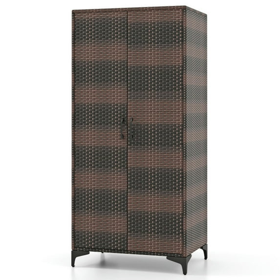 Kadyn Wardrobe Closet, Bedroom Armoires, Wardrobe Cabinet, 62 Inch Wicker Wardrobe with 2 Doors PE Rattan Closet with Hanging Rod-Brown