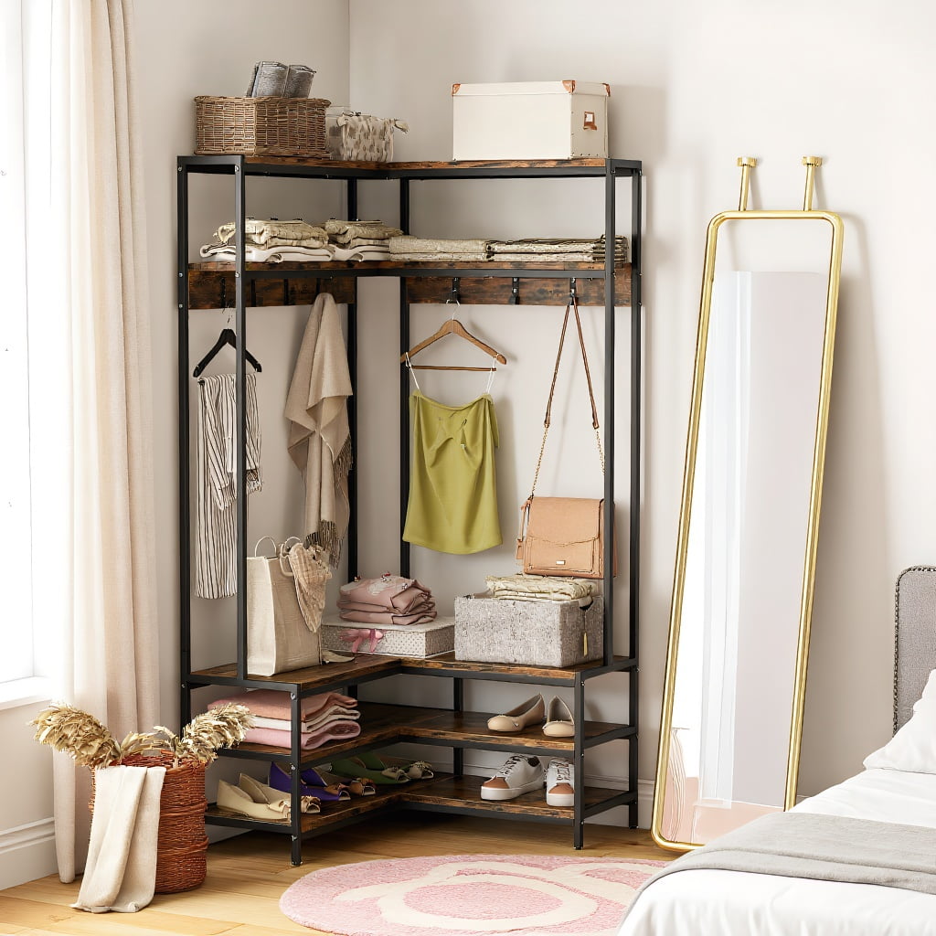 Kadyn Wardrobe Storage Shelves, Closet Garment Rack, Corner Garment Rack with Open Shelves and 7 Hooks Shoe Bench-Rustic Brown
