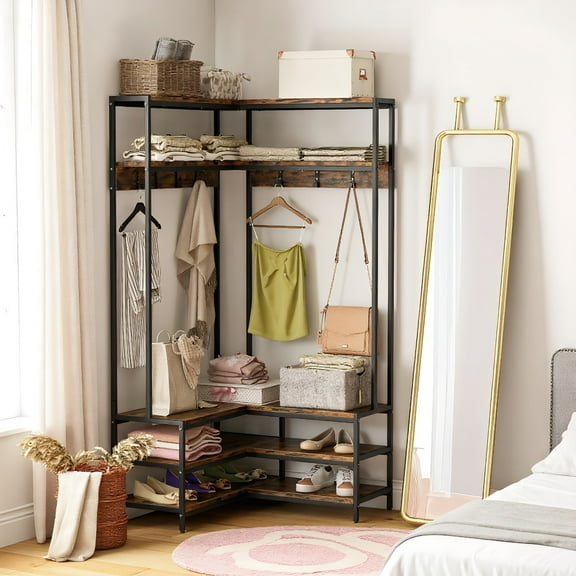 Kadyn Wardrobe Storage Shelves, Closet Garment Rack, Corner Garment Rack with Open Shelves and 7 Hooks Shoe Bench-Rustic Brown