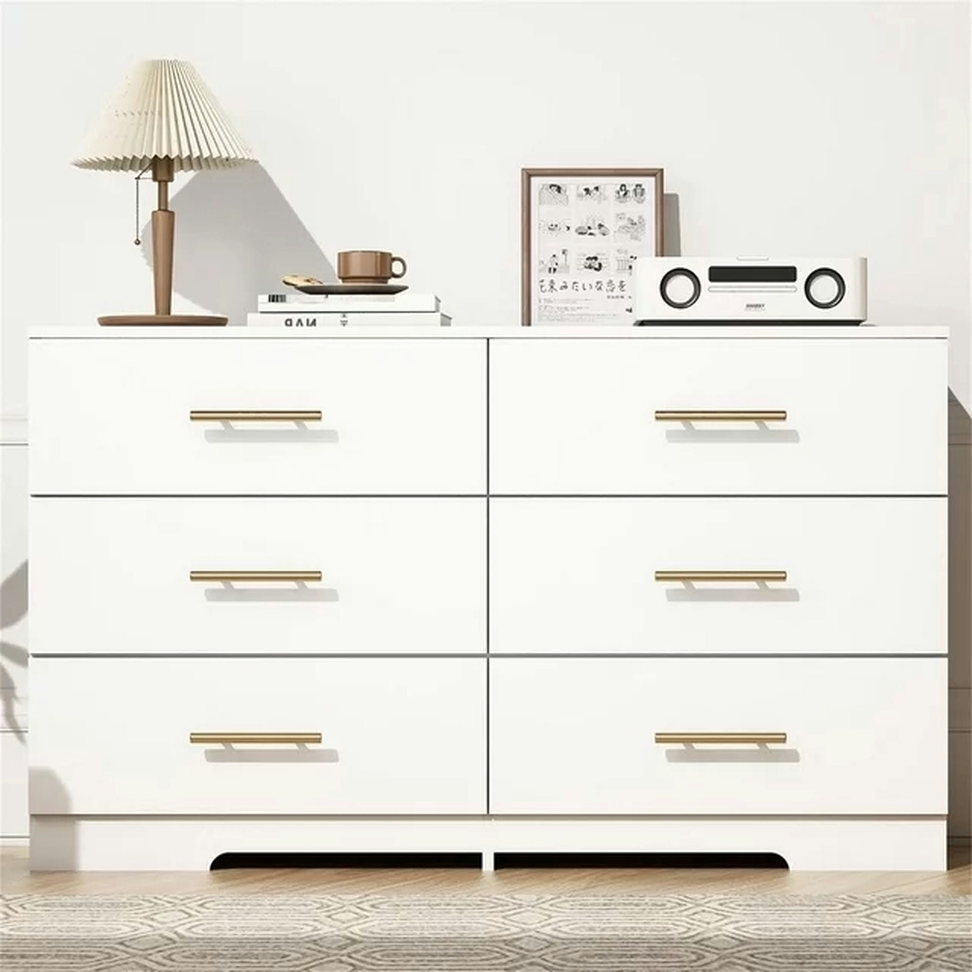 Kadyn White Chest of Drawer, 6 Double Drawer Dresser with Golden Handle, Modern Storage Cabinet for Bedroom Living Room, Dresser