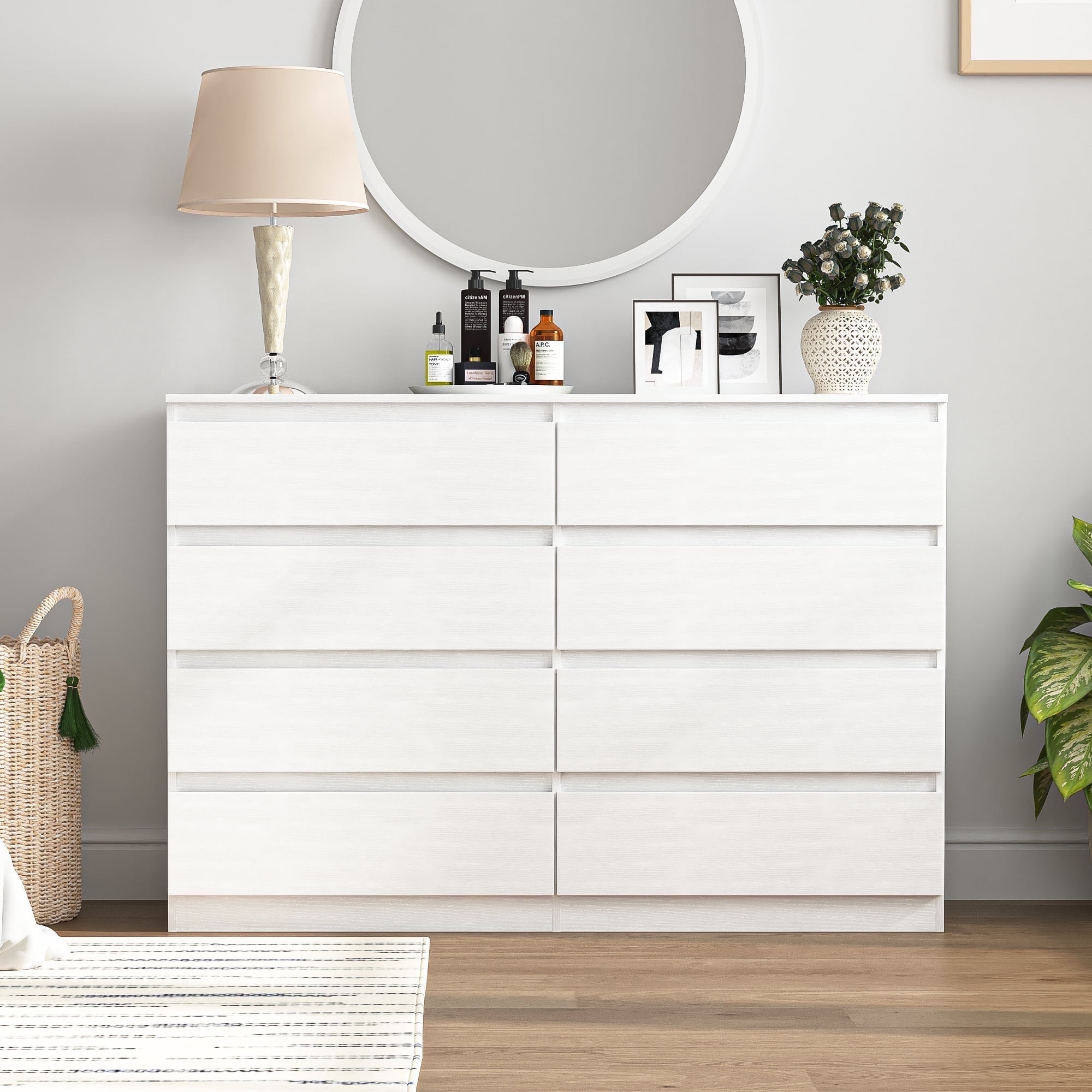 Kadyn 8 Drawer White Double Dresser with Handle-less Beveled Edge Design, Chest of Drawers with Storage, Wooden Storage Cabinet for Bedroom, Living Room, Hallway