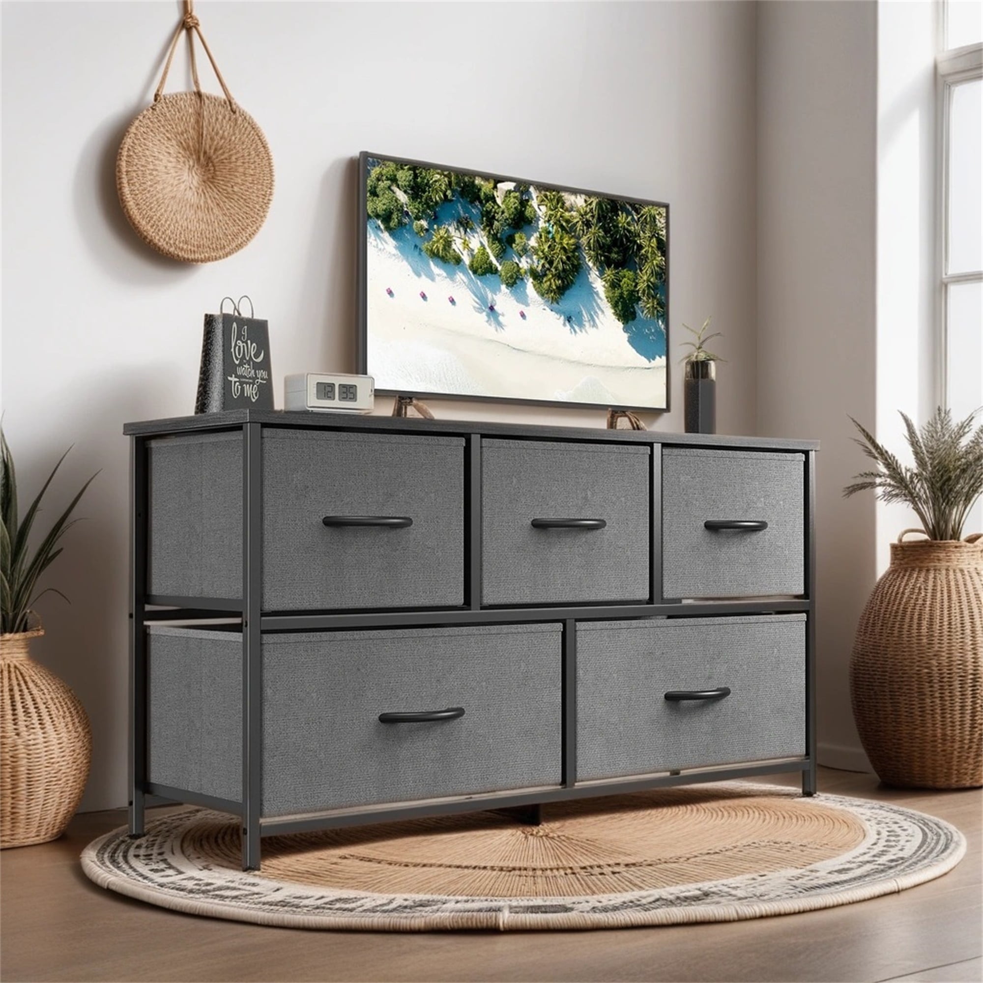 Kadyn Wide Chest of Drawers, Dresser for Bedroom with 5 Drawers, 5 Drawers Dresser Storage Organizer Unit with Fabric Bins for Living Room, Hallway, Gray