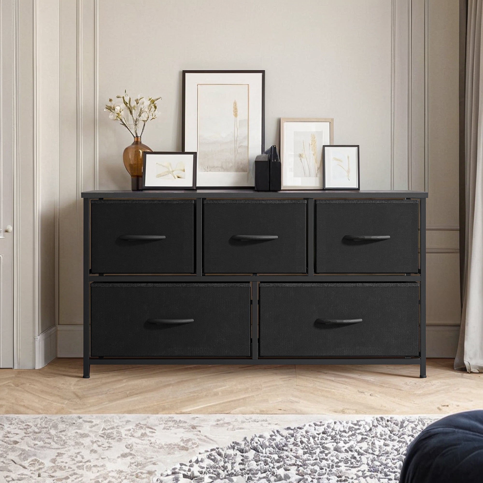 Kadyn Wide Chest of Drawers Dresser for Bedroom with 5 Drawers, Black Kadyn Wide Chest of Drawers Dresser for Bedroom with 5 Drawers, Black