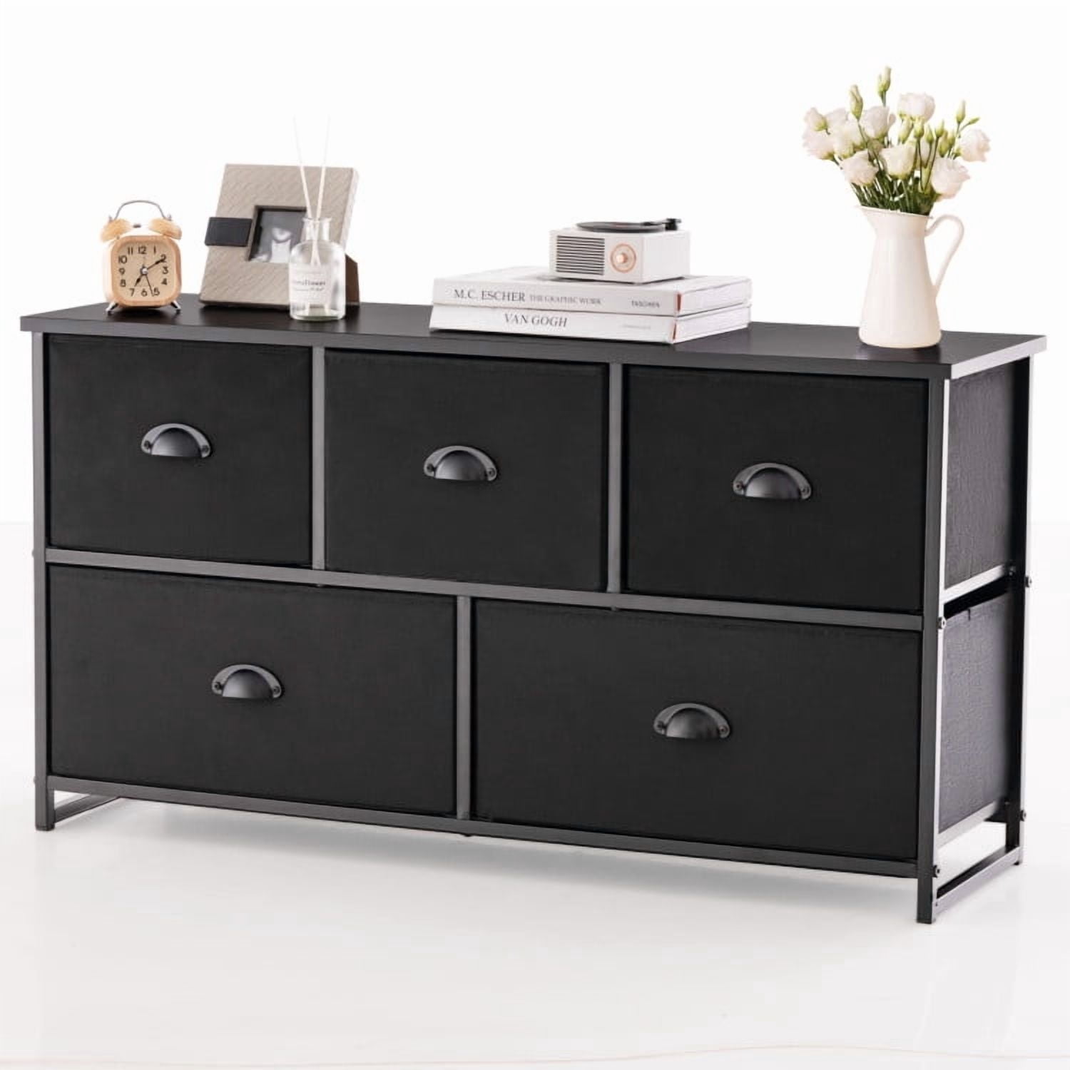 Kadyn Wide Chest of Drawers Dresser for Bedroom, 5 Drawers Dresser Storage Tower with 5 Foldable Cloth Storage Cubes, Black