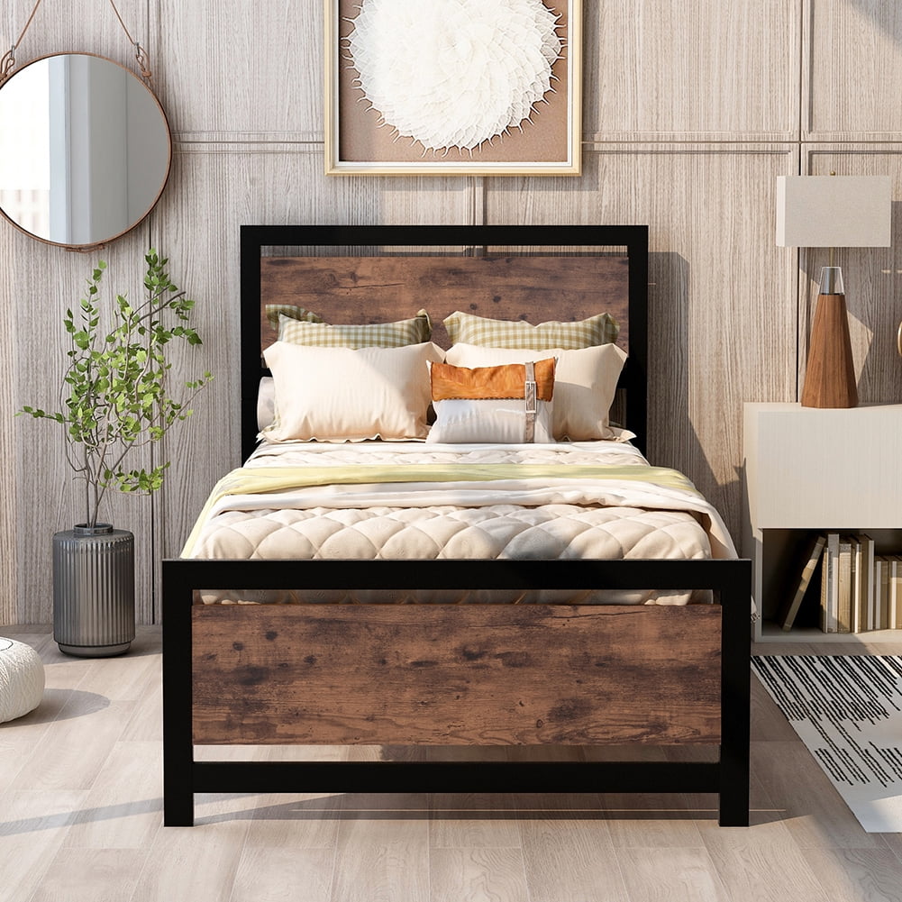 Kadyn Wood Bed Frame, Twin Size Platform Bed with Headboard and Footboard, Metal Bed Frame for Adults Kids, Black Kadyn Wood Bed Frame, Twin Size Platform Bed with Headboard and Footboard, Metal Bed Frame for Adults Kids, Black