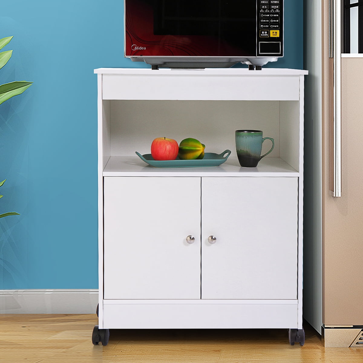 Kadyn Wood Kitchen Microwave Cabinet Cart with 4 Universal Wheels and Roomy Inner Space for Home Use, White Kadyn Wood Kitchen Microwave Cabinet Cart with 4 Universal Wheels and Roomy Inner Space for Home Use, White