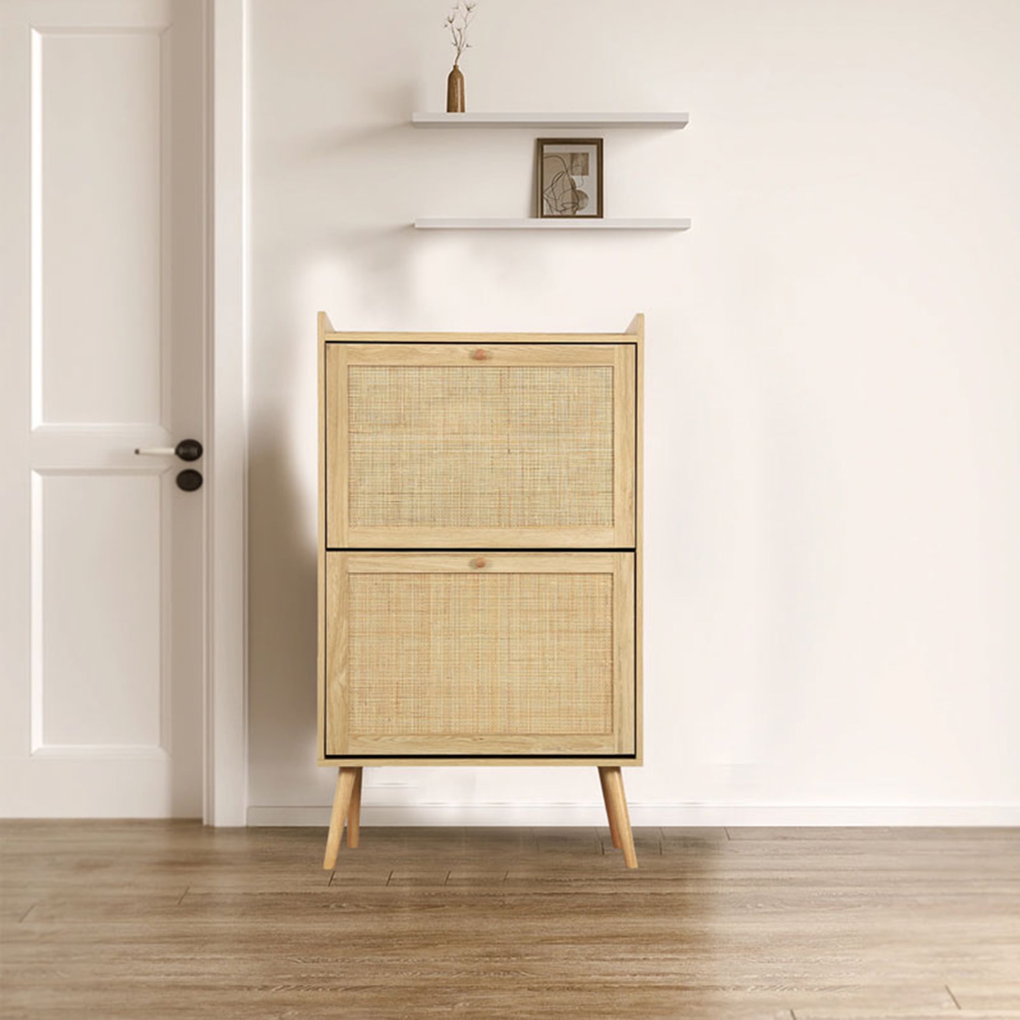Kadyn Wood Rattan Shoe Storage Cabinet, Slim Entryway Freestanding Shoe Rack Storage Organizer with Cubic Space & 2 Flip Drawers, Natural Kadyn Wood Rattan Shoe Storage Cabinet, Slim Entryway Freestanding Shoe Rack Storage Organizer with Cubic Space & 2 Flip Drawers, Natural