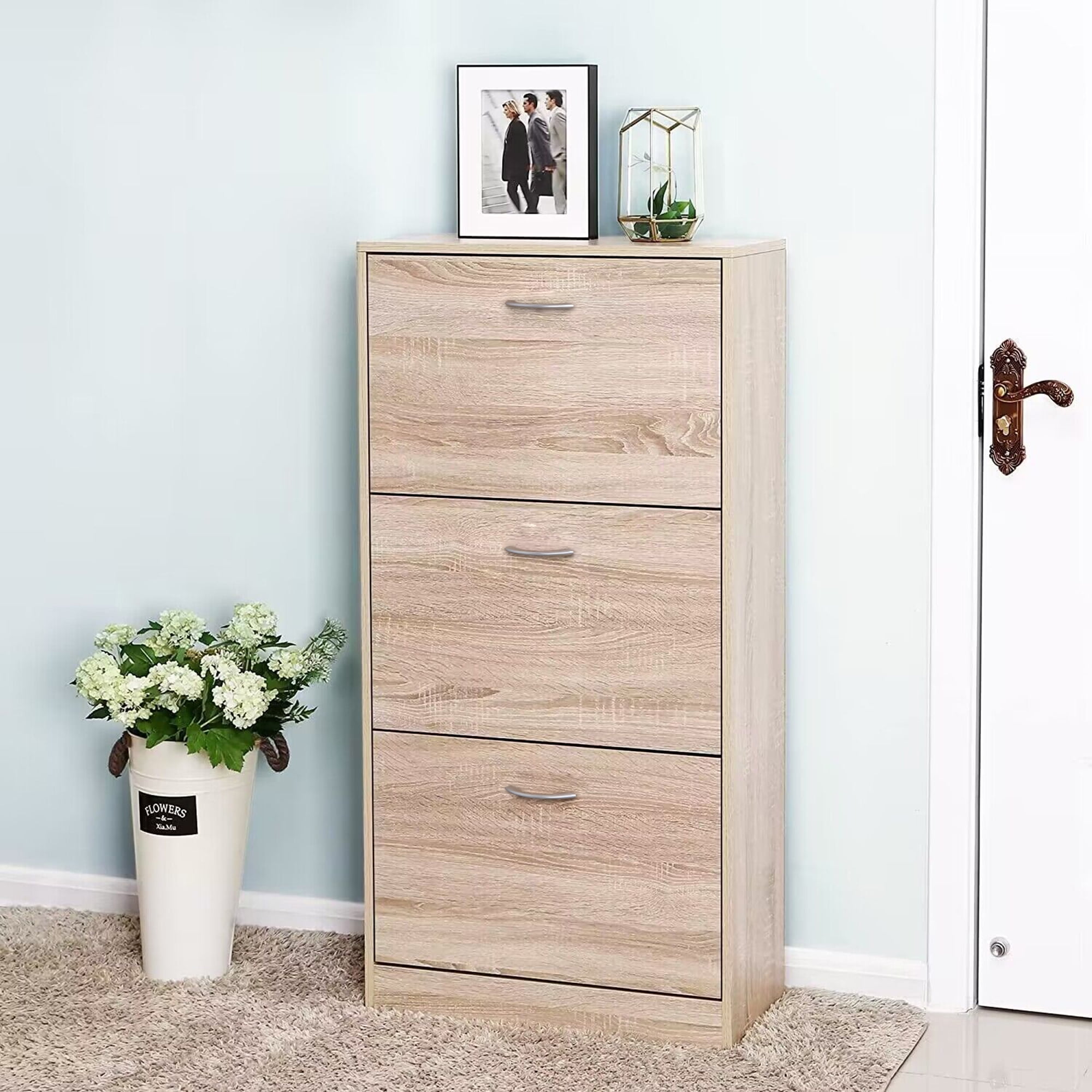Kadyn Wooden 3-Drawer Shoe Cabinet for Entryway, White Freestanding Shoe Rack Storage Organizer with 2 Flip Doors, Wood Color Kadyn Wooden 3-Drawer Shoe Cabinet for Entryway, White Freestanding Shoe Rack Storage Organizer with 2 Flip Doors, Wood Color