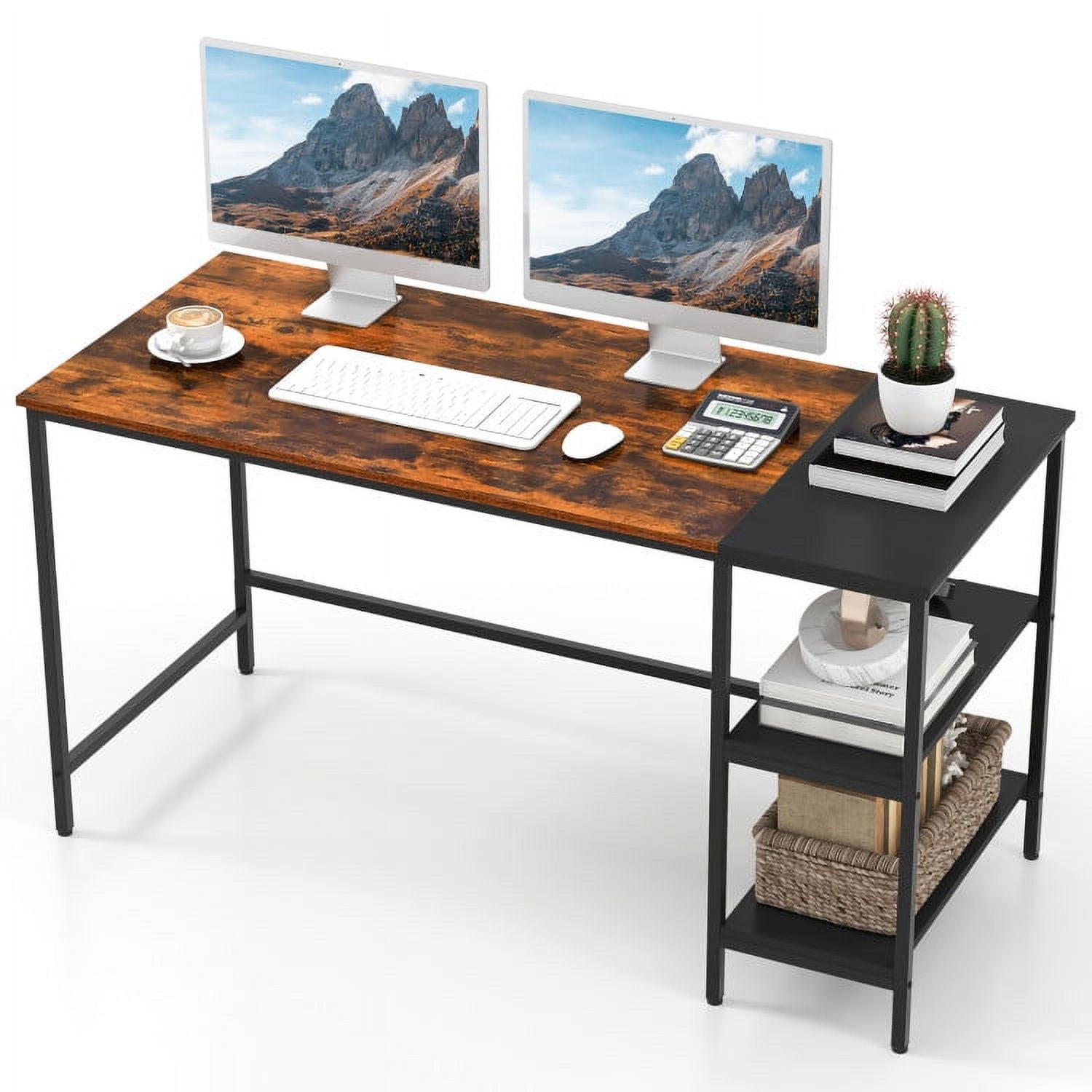 Kadyn Writing Study Desk, Computer Desk, Laptop Workstation Desk,55 Inch Modern Industrial Style Study Writing Desk with 2 Storage Shelves-Brown