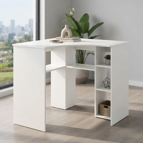 Kadyn Writing Study Desk, Computer Desk, Laptop Workstation Desk,Corner Computer Desk Triangle Home Office Desk with Adjustable Shelf and Arc-Shaped Profile-White