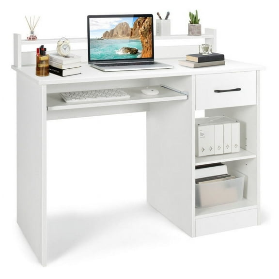 Kadyn Writing Study Desk, Computer Desk, Laptop Workstation Desk,Study Laptop Table with Drawer and Keyboard Tray-White