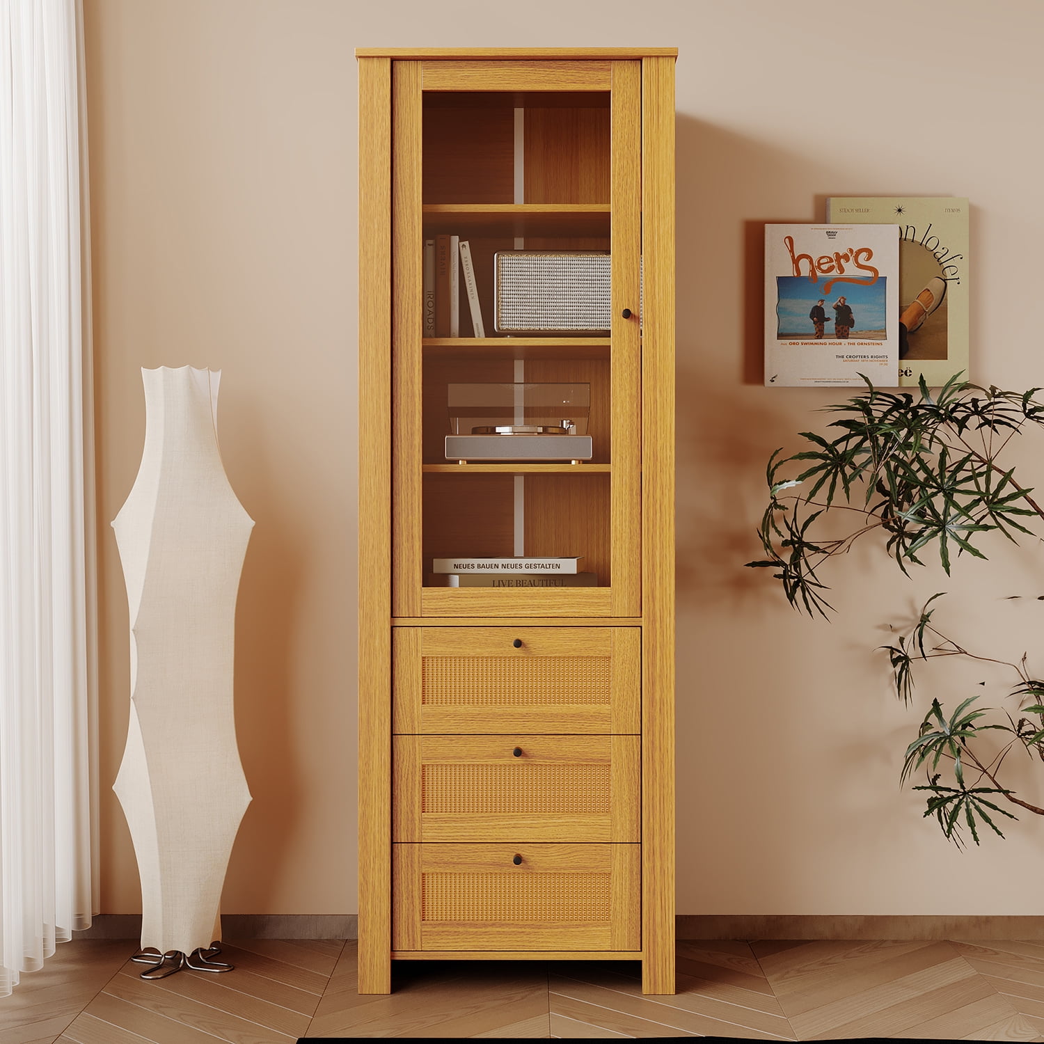 Kadyn rattan door Bookshelf Display Case with drawer finish Open Storage Shelves bookcase Kadyn rattan door Bookshelf Display Case with drawer finish Open Storage Shelves bookcase