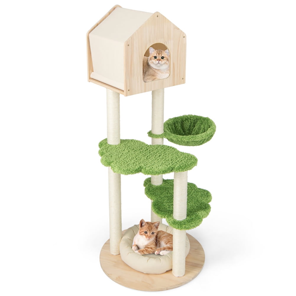 Green and Beige 55'' Tall Wooden Cat Tree with Sisal Posts