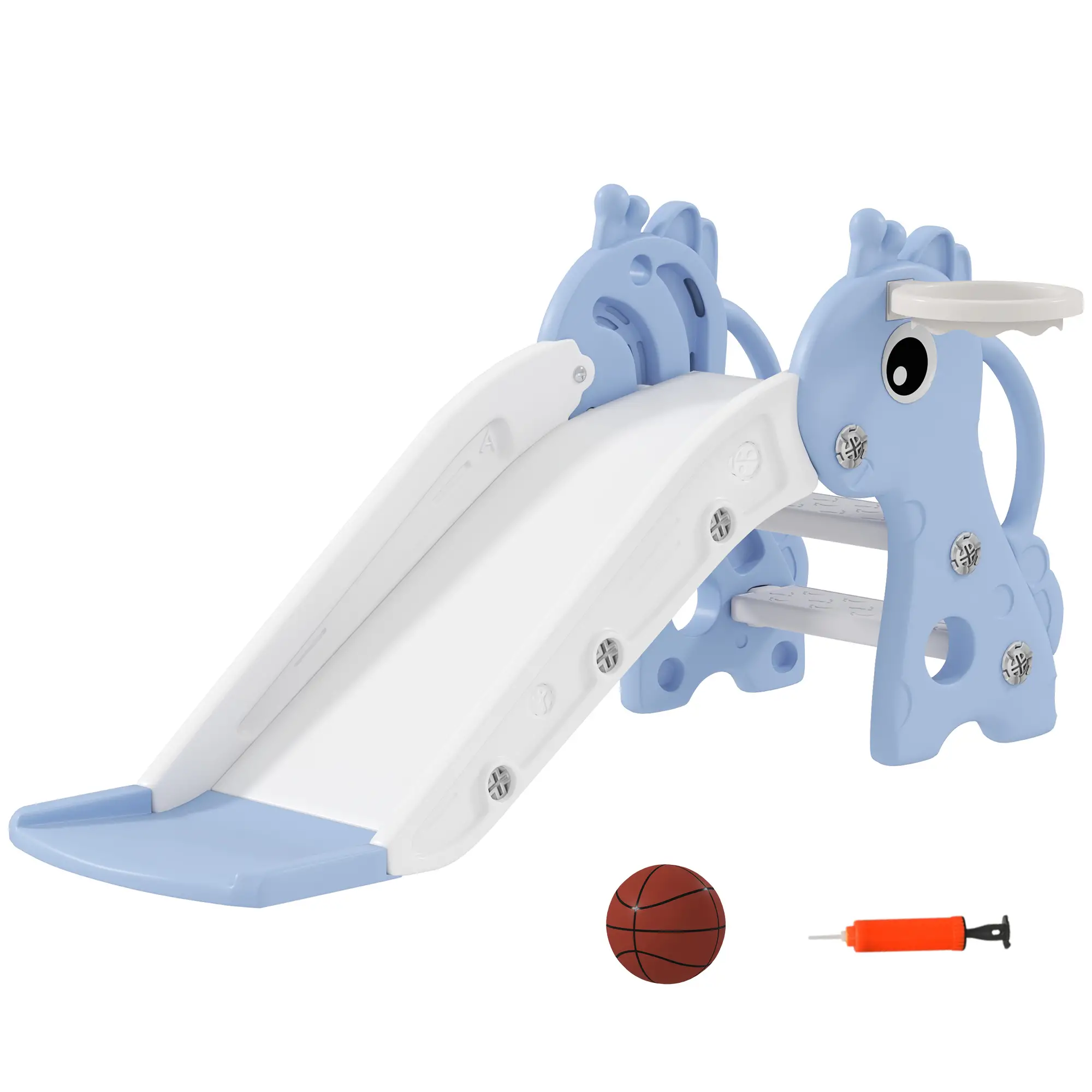 Kadyn 3 in 1 Toddler Slide Kids Slide for Age 1-3, Freestanding Kids Slide with Climber, Basketball Hoop and Ball, Giraffe Design, Blue
