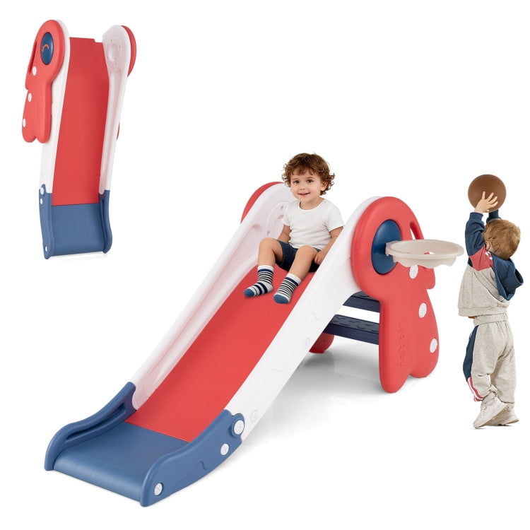 Kadyn 3 in 1 Toddler Slide Kids Slide for Age 1-3, Freestanding Kids Slide with Climber, Basketball Hoop and Ball, Red